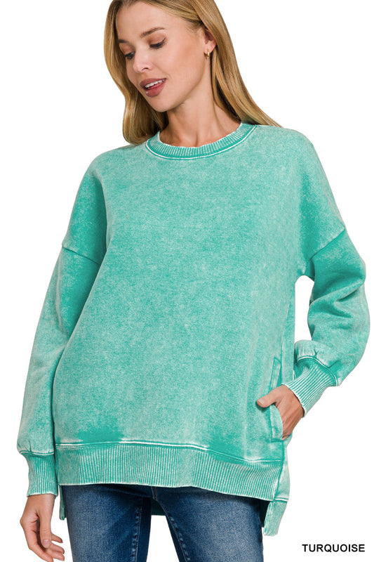 Zenana ACID WASH FLEECE HI-LOW HEM PULLOVER