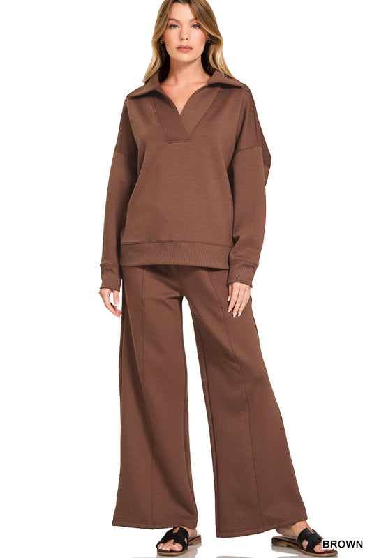 Zenana SCUBA COLLARED PULLOVER & PANTS SET
