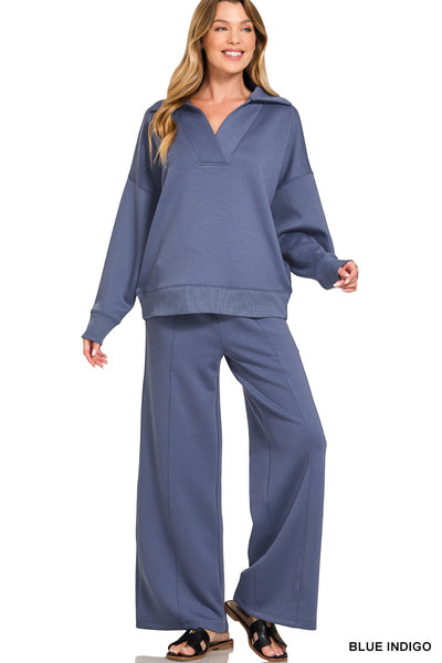 Zenana SCUBA COLLARED PULLOVER & PANTS SET