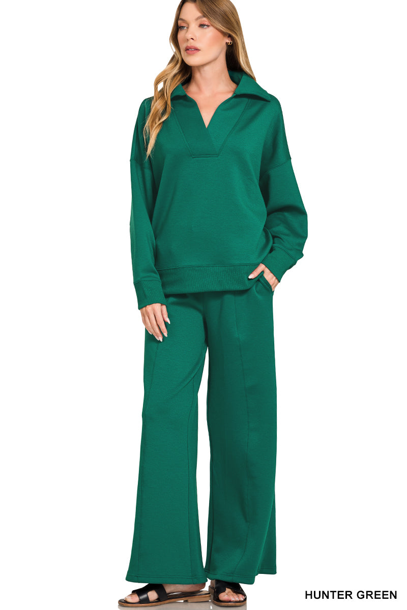 Zenana SCUBA COLLARED PULLOVER & PANTS SET