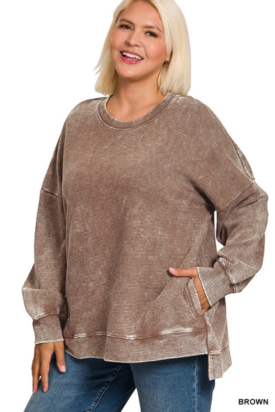 Zenana PLUS ACID WASHED DOUBLE RIBBED HI-LOW PULLOVER