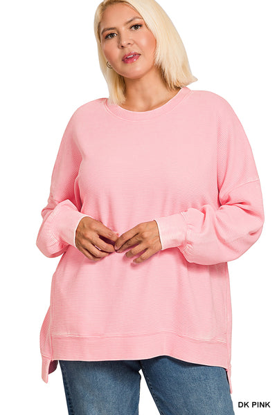 Zenana PLUS ACID WASHED DOUBLE RIBBED HI-LOW PULLOVER