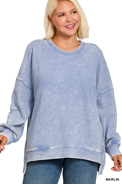Zenana PLUS ACID WASHED DOUBLE RIBBED HI-LOW PULLOVER