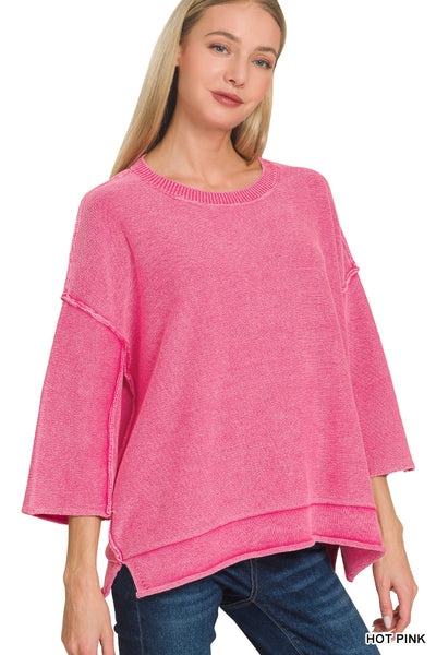 Zenana WASHED 3/4 SLEEVE BOXY SWEATER