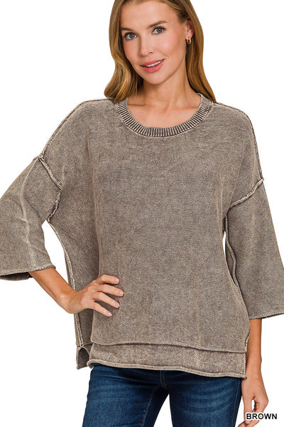 Zenana WASHED 3/4 SLEEVE BOXY SWEATER
