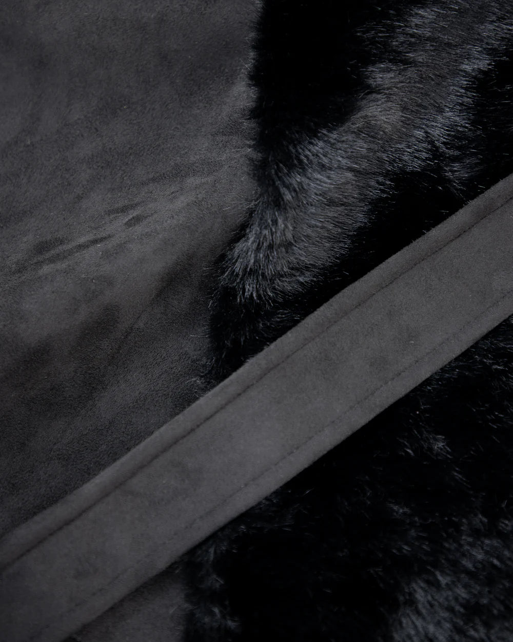 Black Suede Belted Cape with Horizontal Ribbed Vegan Fur and Neck Toggle