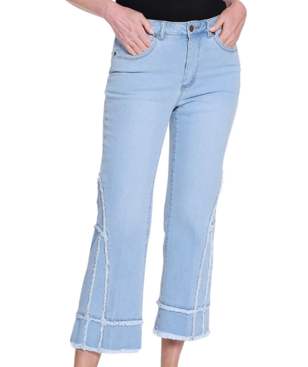 FLARE LEG CROP PANT WITH FRINGED TRIM - LIGHT INDIGO