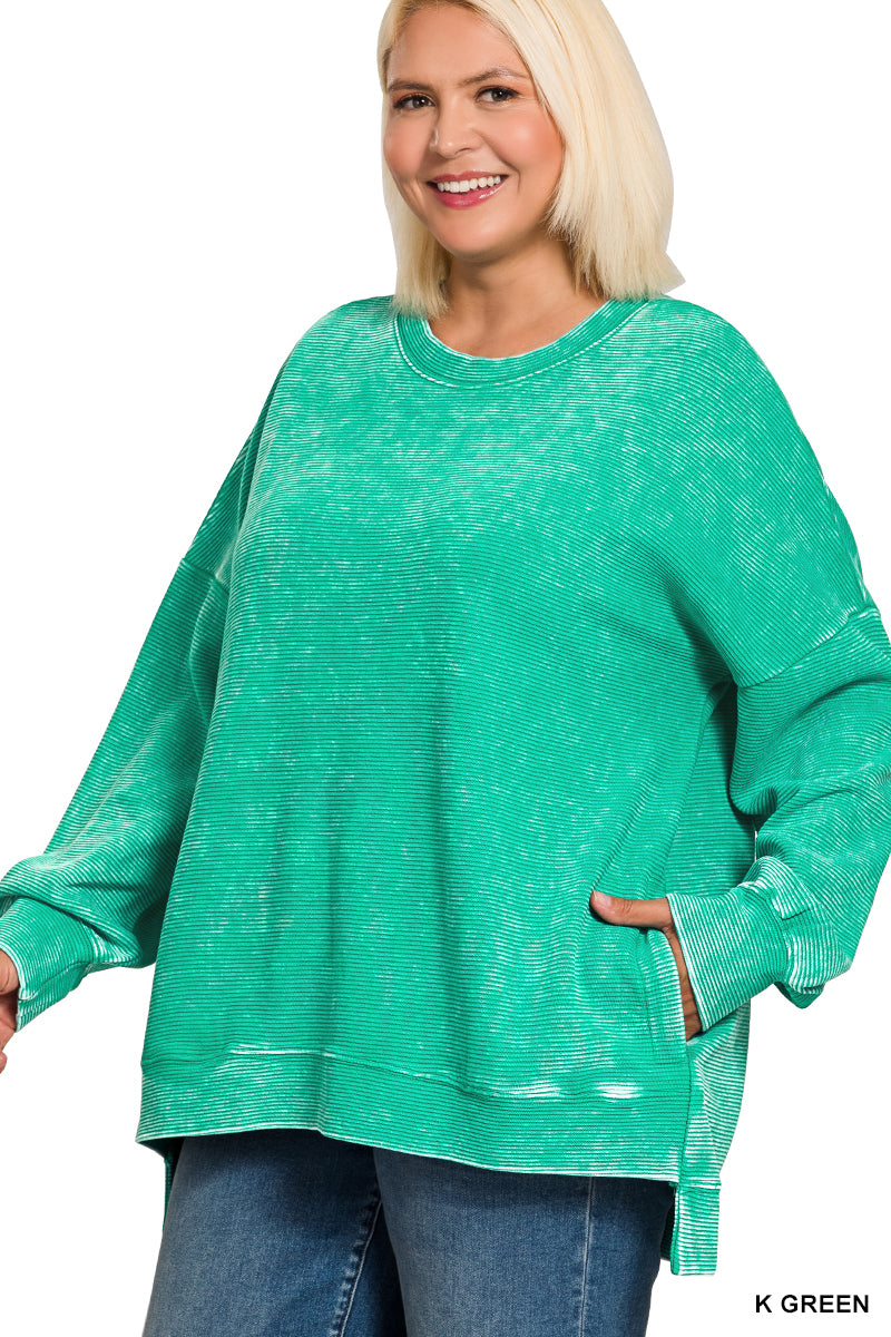 Zenana PLUS ACID WASHED DOUBLE RIBBED HI-LOW PULLOVER