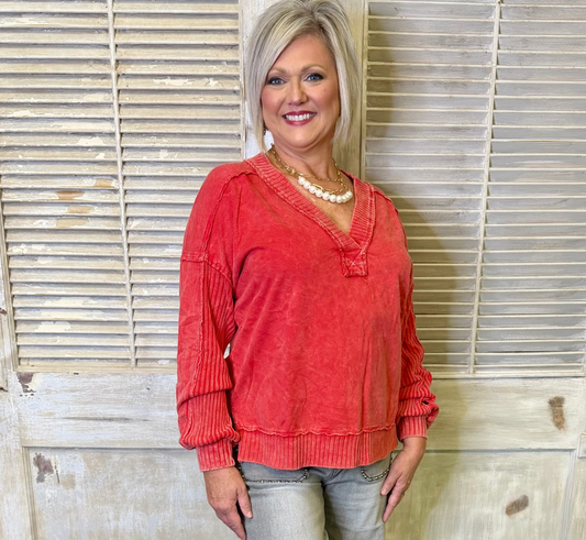 J. Her Red Mineral Washed Ribbed V-neck Terry Sweatshirt