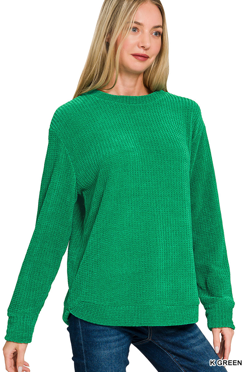 Zenana Chenille Waffle Round Neck Sweater