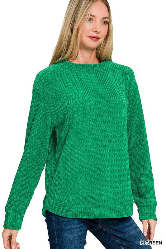 Zenana Chenille Waffle Round Neck Sweater