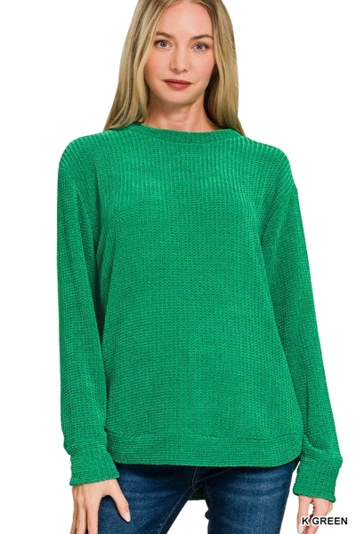 Zenana Chenille Waffle Round Neck Sweater