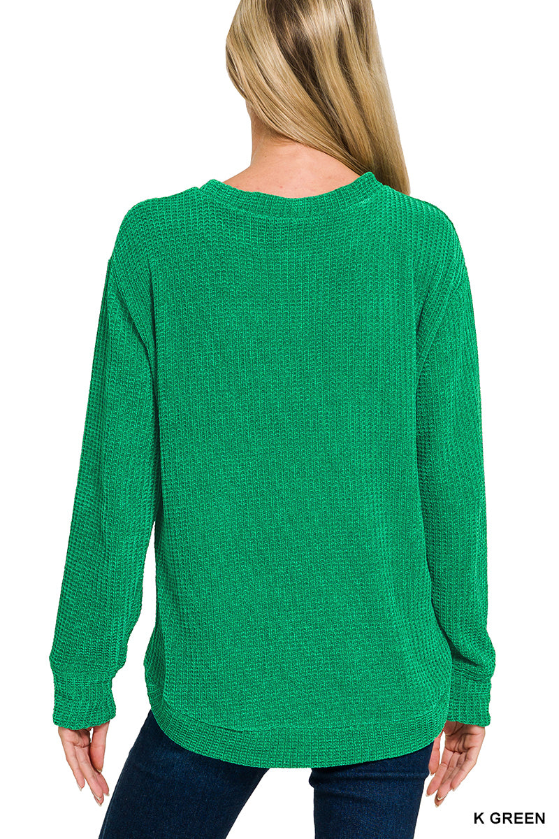 Zenana Chenille Waffle Round Neck Sweater