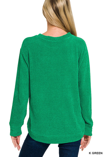 Zenana Chenille Waffle Round Neck Sweater