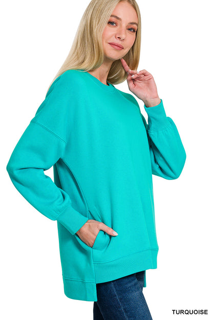 Zenana FLEECE HI-LOW BOYFRIEND SWEATSHIRTS WITH POCKET