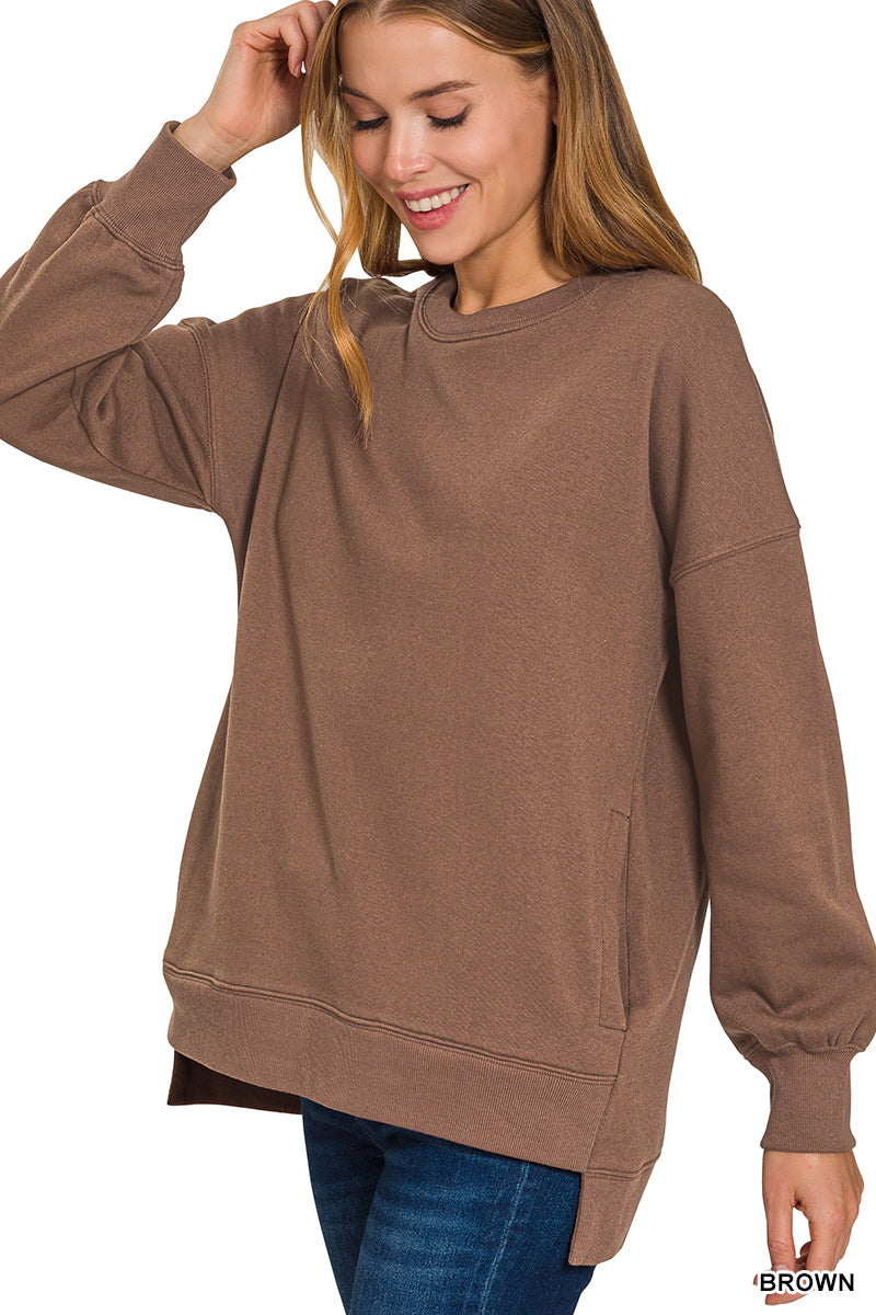 Zenana FLEECE HI-LOW BOYFRIEND SWEATSHIRTS WITH POCKET