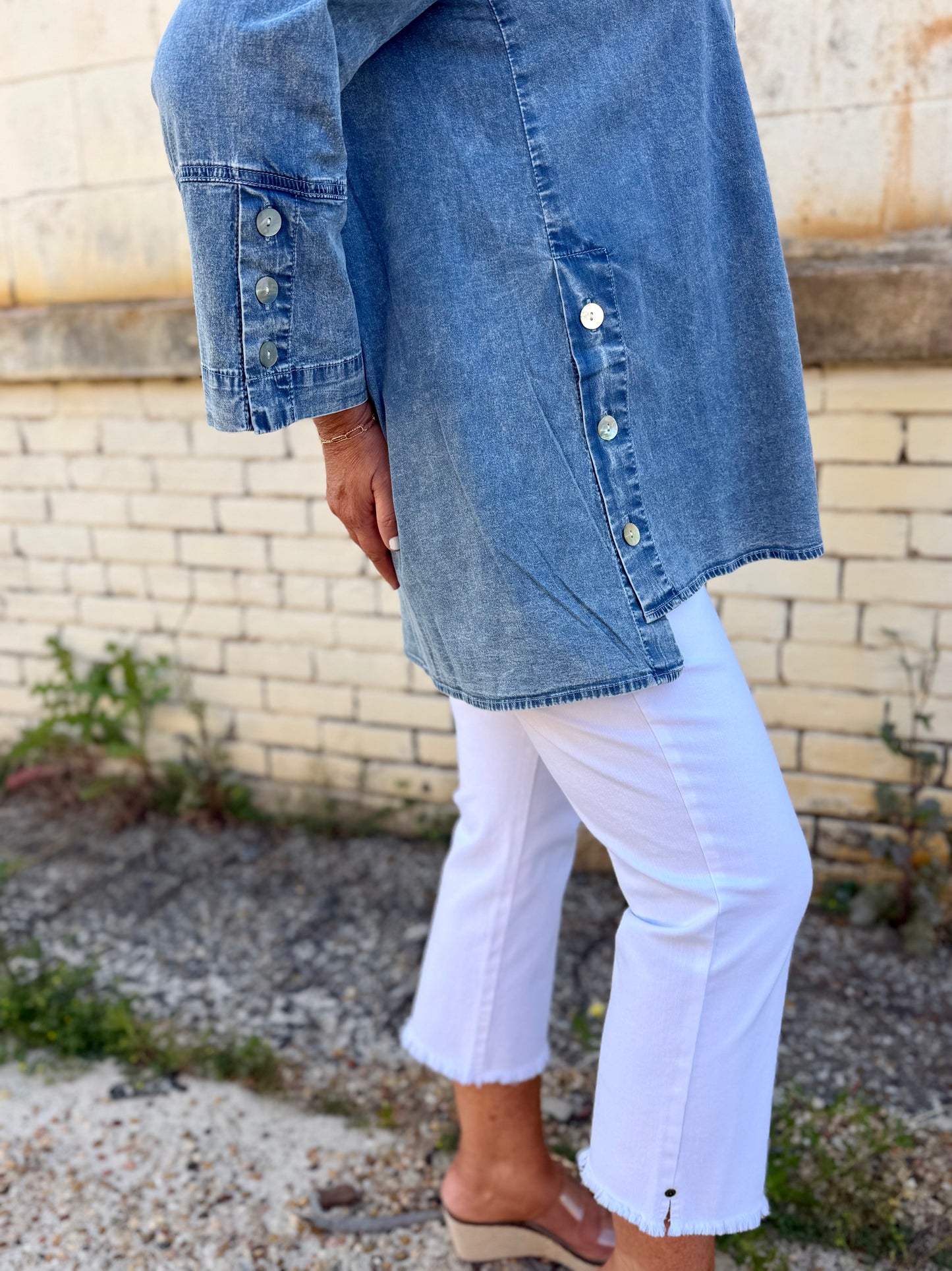 Slimsation White Stretch Denim Crop Pant with Fringe Hem