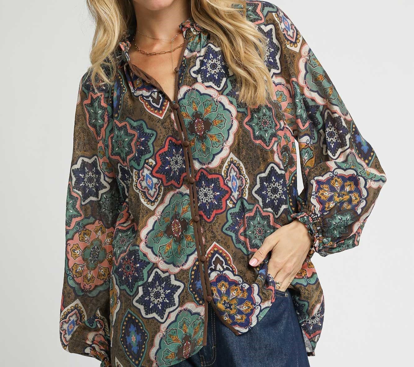 Umgee Fall Mosaic Long Sleeve Blouse