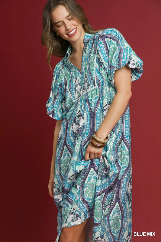 Umgee Watercolor Skies Abstract Print Midi Dress