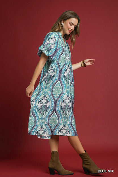 Umgee Watercolor Skies Abstract Print Midi Dress