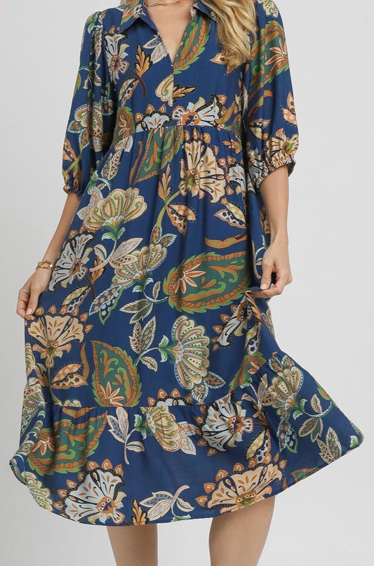 Umgee Midnight Blooms Tiered Midi Dress
