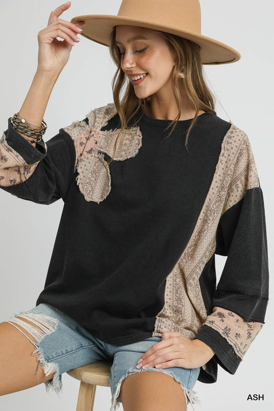 Umgee Ash Black French Terry Patchwork Sleeve Pullover