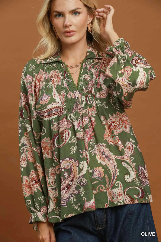 Paisley Print Smocked V Neck Blouse