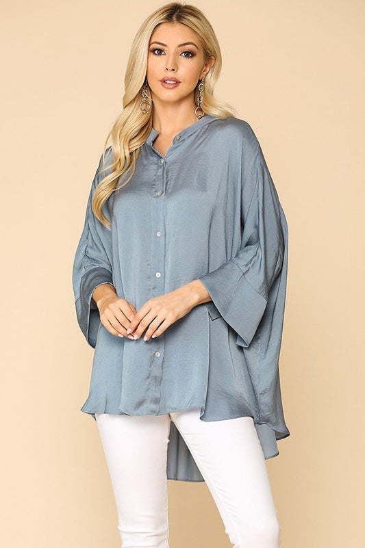Gigio Washed Satin Button Down Loose Fit Top with Hi-Lo Hem