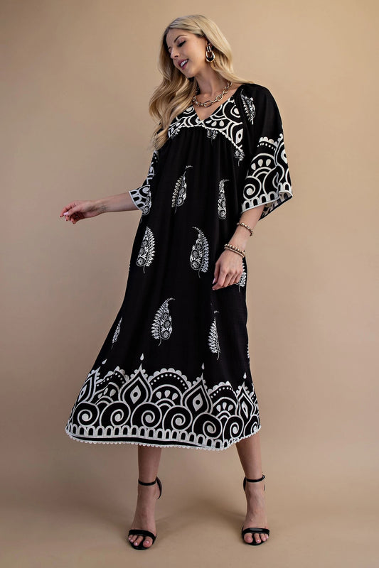 Gigio Printed V-Neck Midi Dress with a Decorative Trim