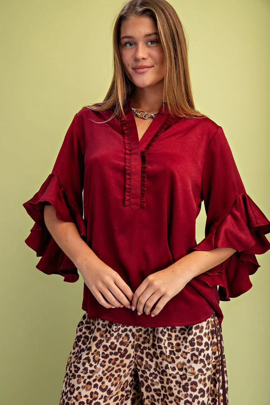 Gigio Satin Ruffled Bell Sleeve Top