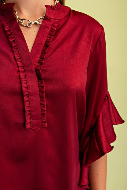 Gigio Satin Ruffled Bell Sleeve Top