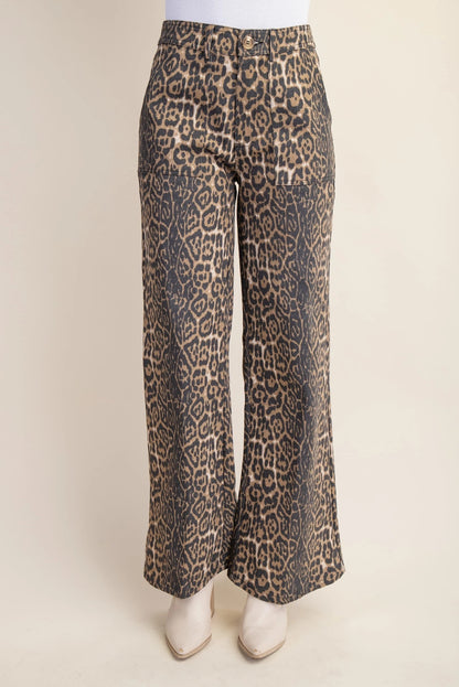 Gigio Leopard Print Flare Jeans with Side Pockets