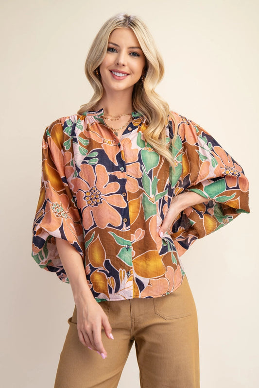 Gigio Batwing Blouse with Mandarin Collar and Fabric Covered Buttons