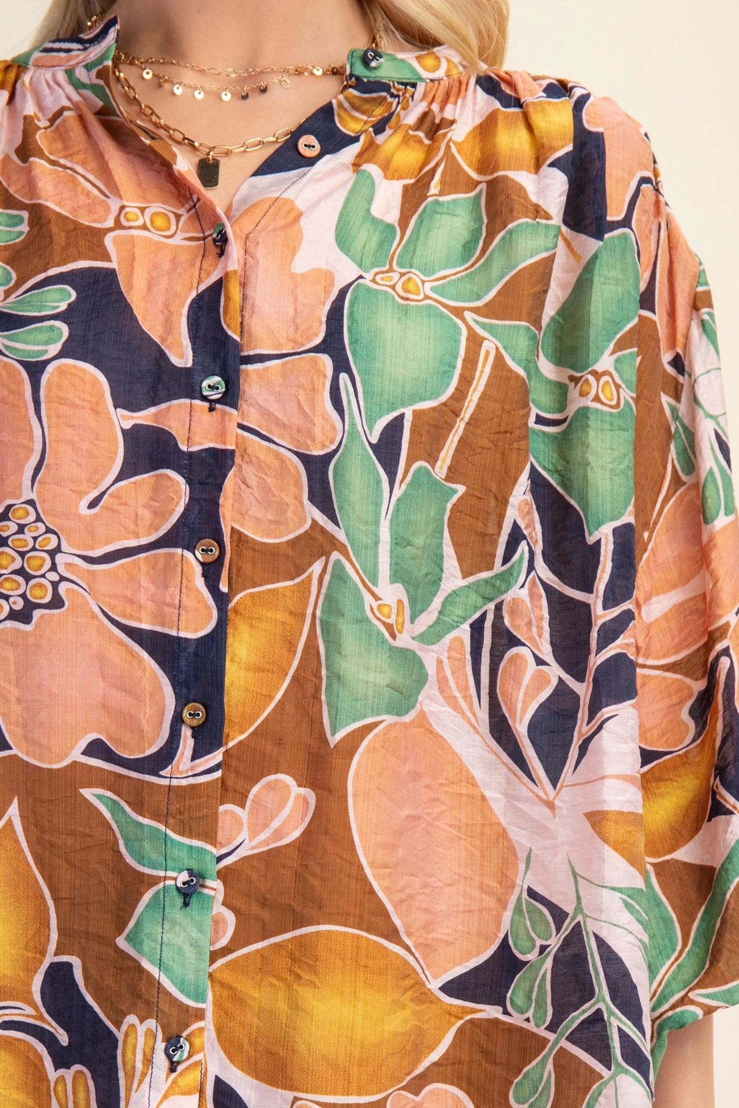 Gigio Batwing Blouse with Mandarin Collar and Fabric Covered Buttons