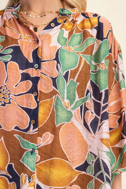 Gigio Batwing Blouse with Mandarin Collar and Fabric Covered Buttons