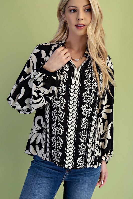 Gigio Printed Long Sleeve Blouse with a Ruffled Neck and Frayed Fringe Details