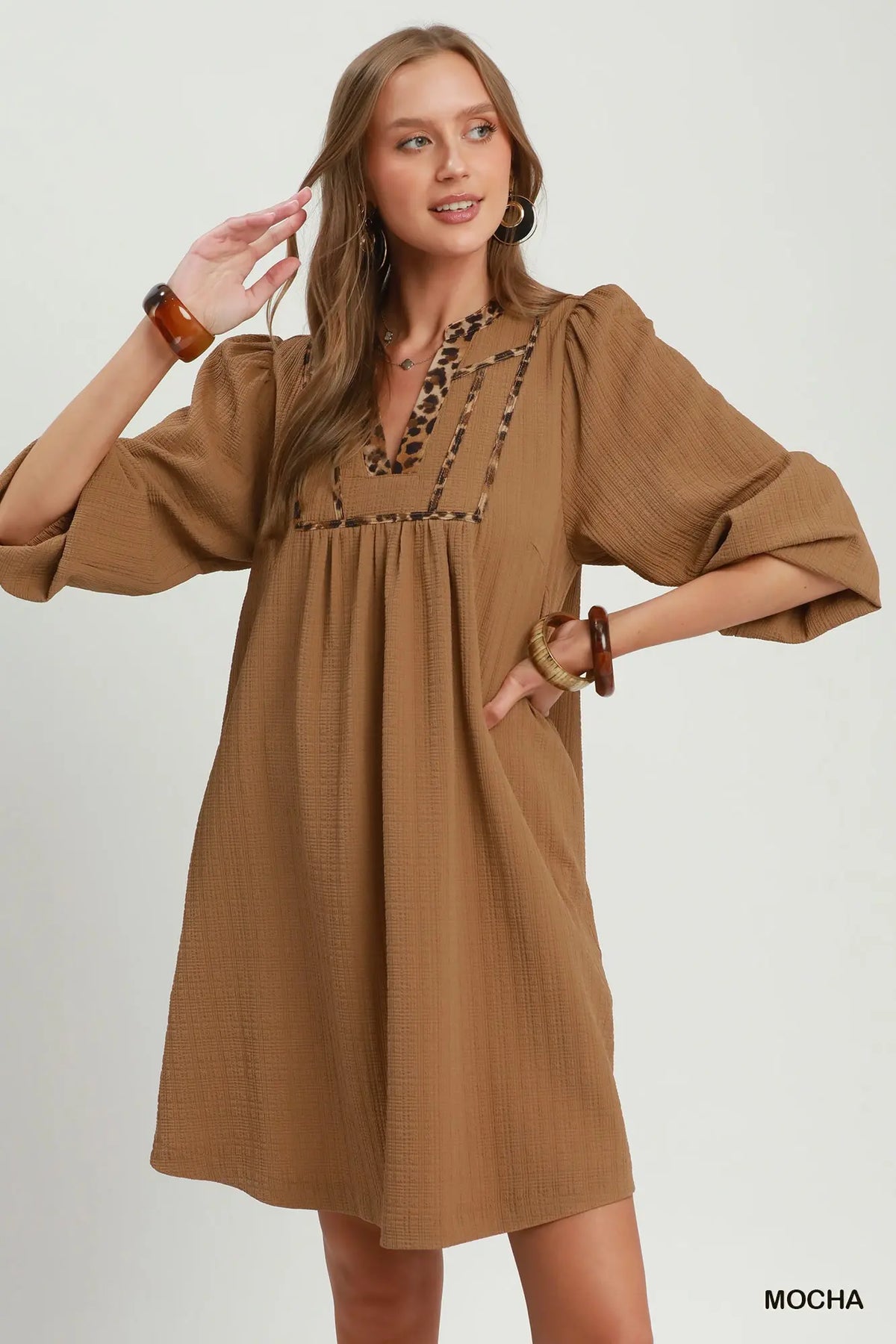 Leopard trim textured babydoll mini dress