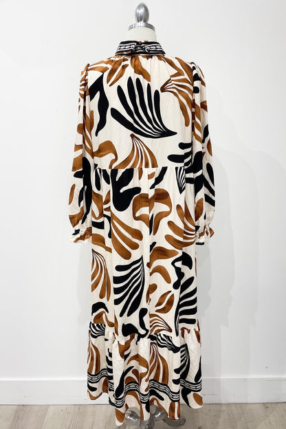 Umgee Plus Size Taupe Boho Leafy Print Maxi Dress