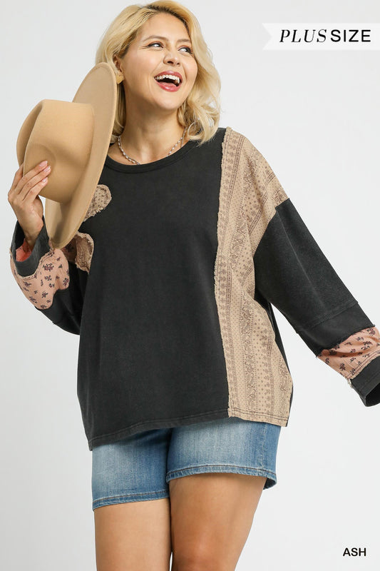 Umgee Plus Size Ash Black French Terry Patchwork Sleeve Pullover