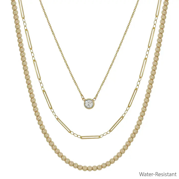 Water Resistant Triple Layered Beaded and Thin Chain with Crystal 16-18" Necklace