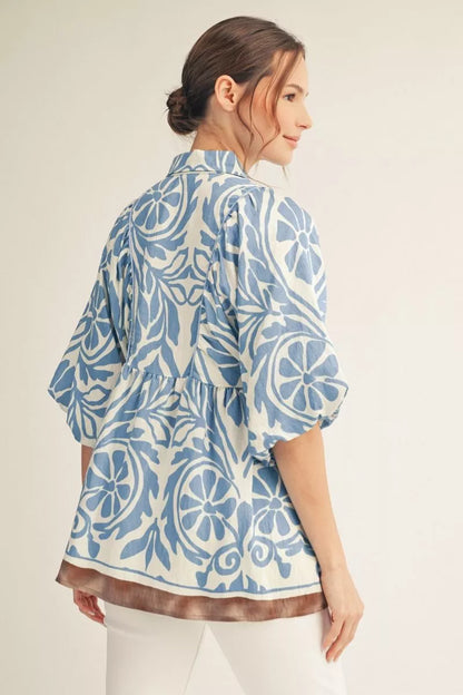 Jodifl Sky Blue & Taupe Bubble Sleeve w/ Smocking & Contrast