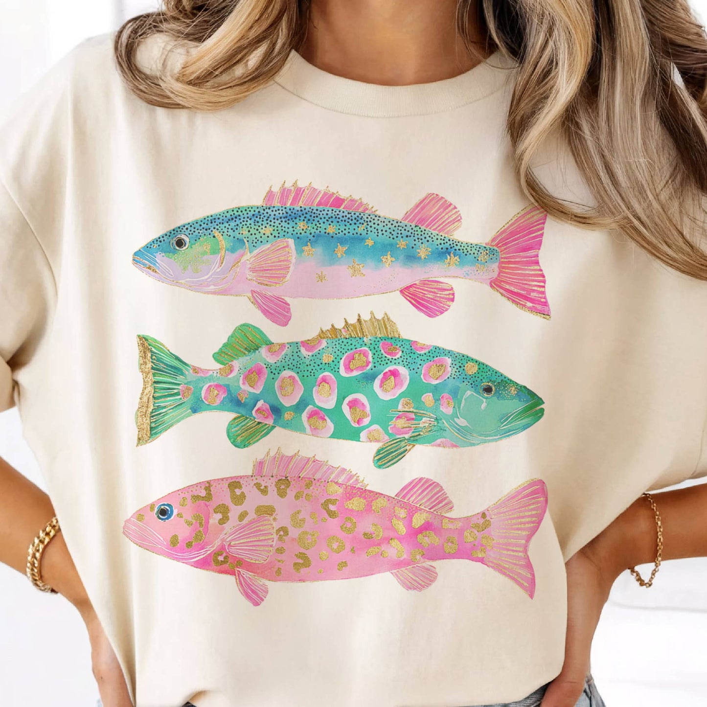 Coastal Preppy Fish Ocean Club Graphic Tee: Natural