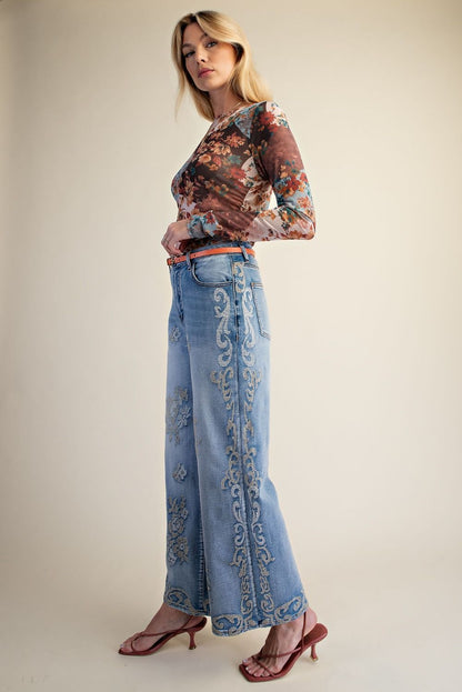 Easel Border Embroidered Detailing Stone Washed Denim Pants