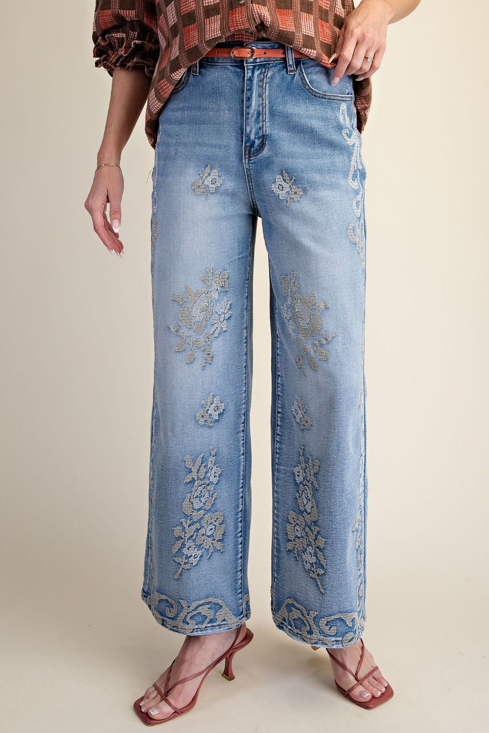 Easel Border Embroidered Detailing Stone Washed Denim Pants