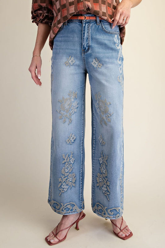 Easel Border Embroidered Detailing Stone Washed Denim Pants
