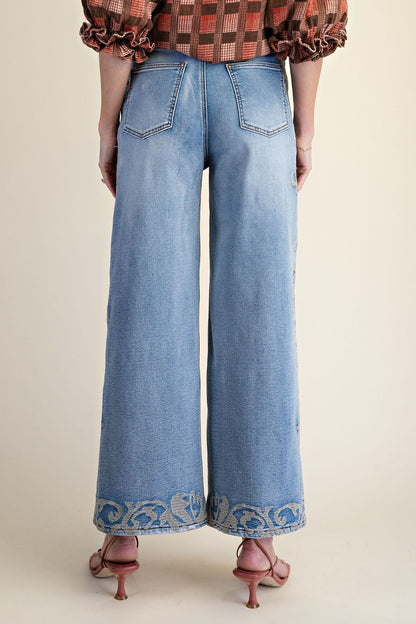 Easel Border Embroidered Detailing Stone Washed Denim Pants