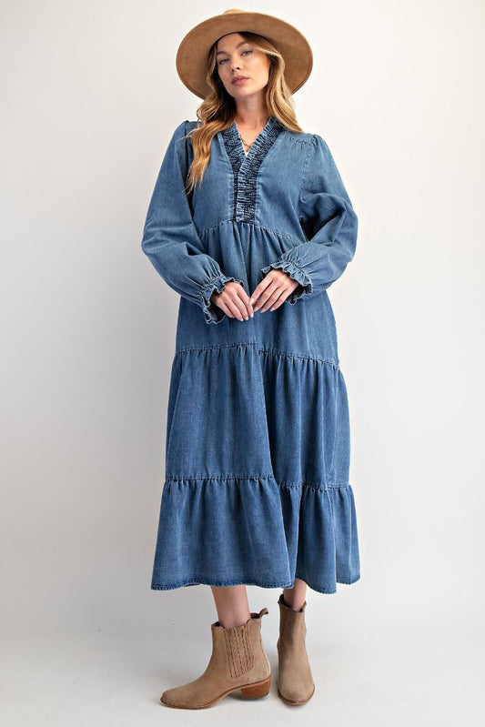 Easel Long Sleeve Smocked Neck Tiered Washed Denim Dress