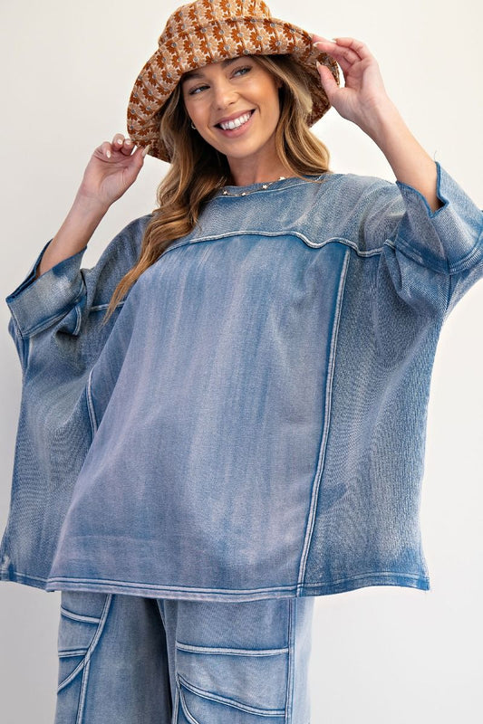 Easel Washed Denim Terry Knit Top