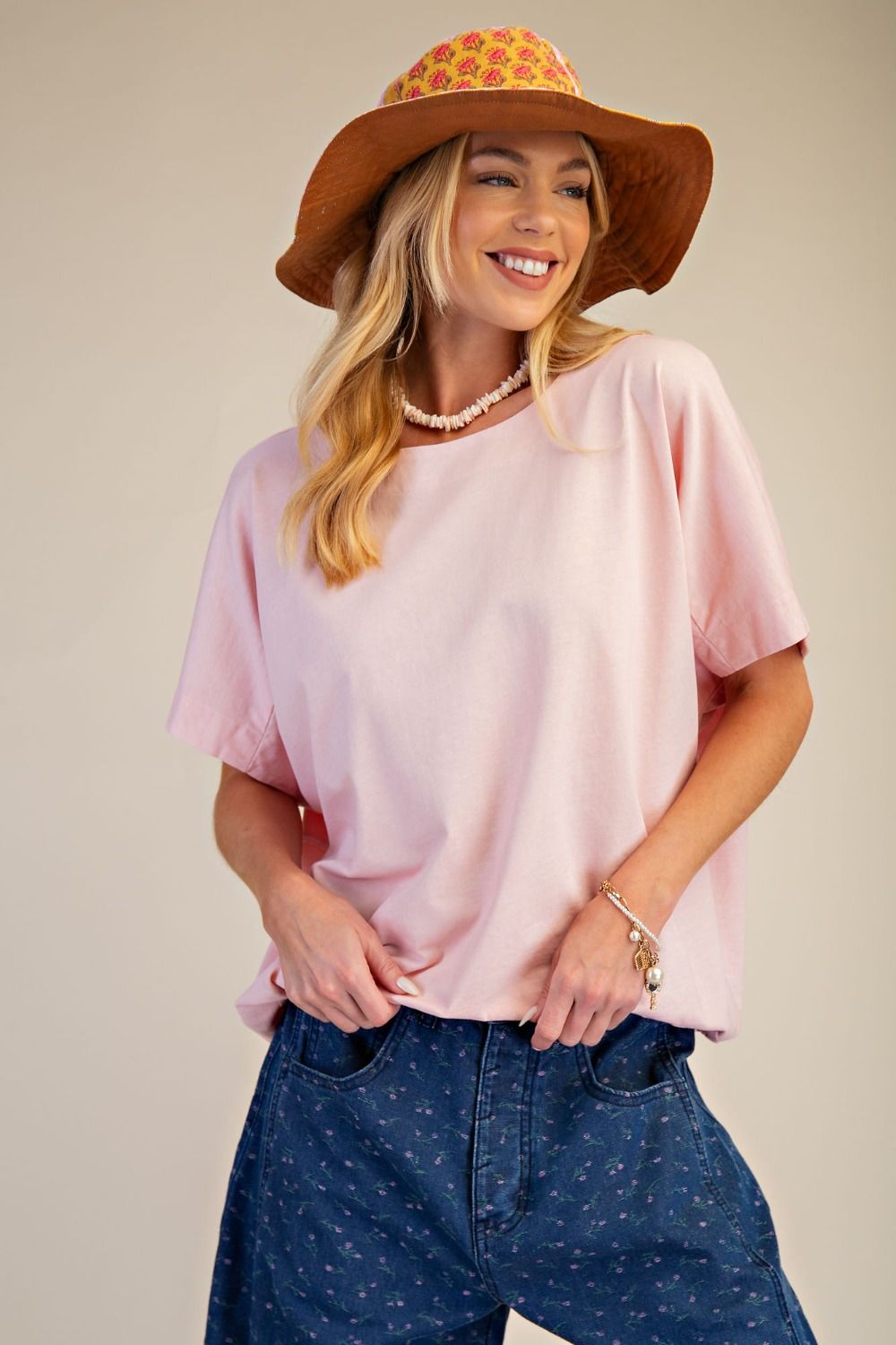 Easel BLUSH MINERAL WASHED BOXY KNIT TOP