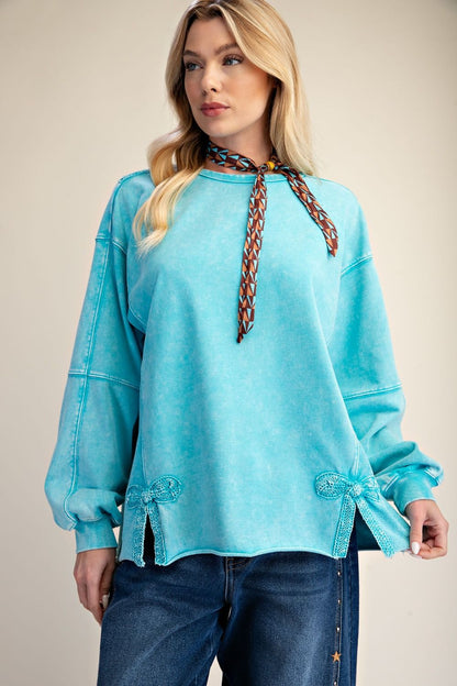 Easel Long Sleeve Day Blue BOW TAPE BOTTOM WASHED TERRY PULLOVER
